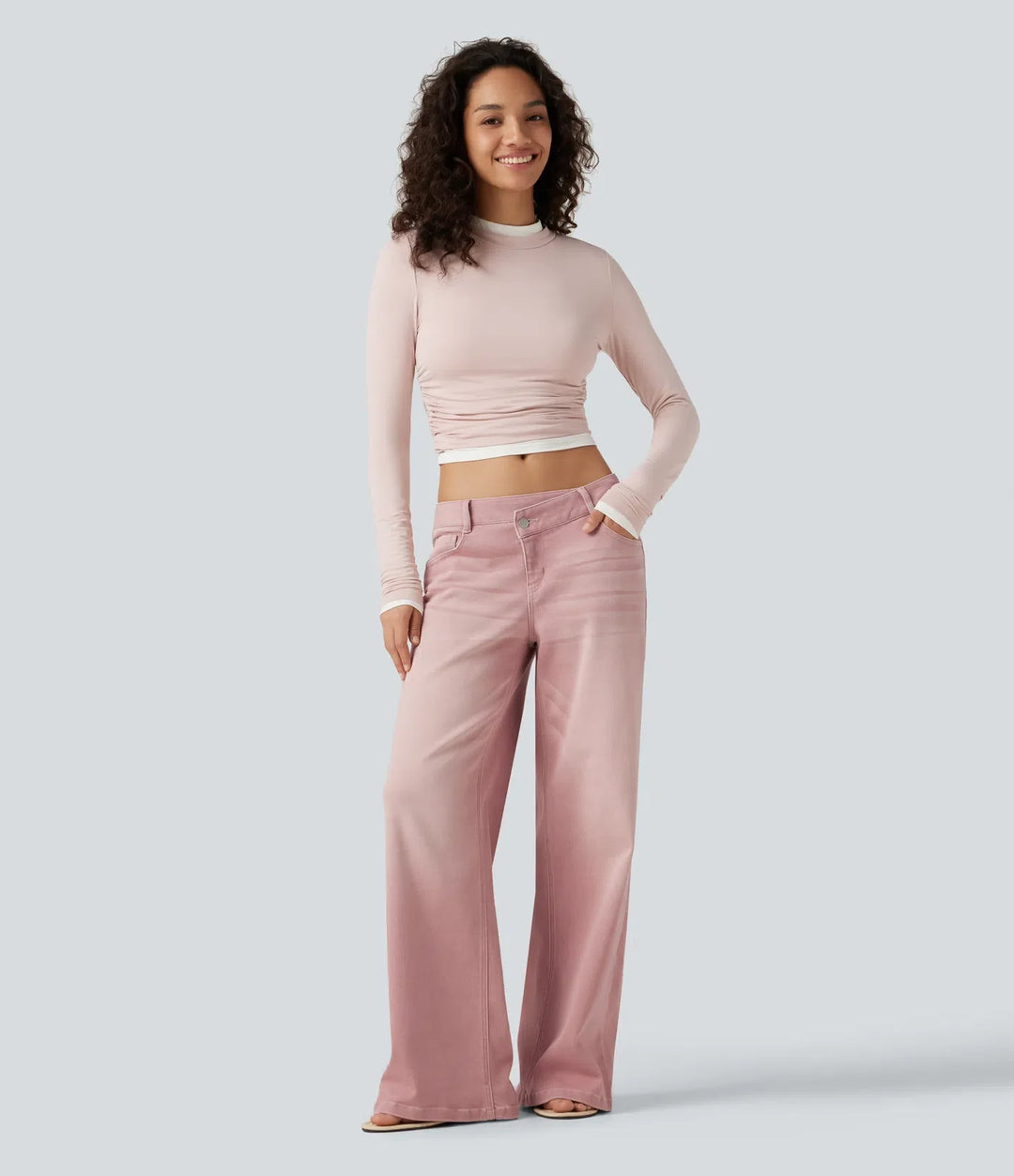 Låg midja asymmetrisk vida ben färgstark vardagsjeans med fickor