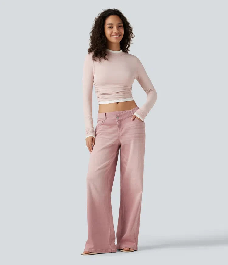Med låg midja asymmetrisk vida ben färgglad vardagsjeans med fickor