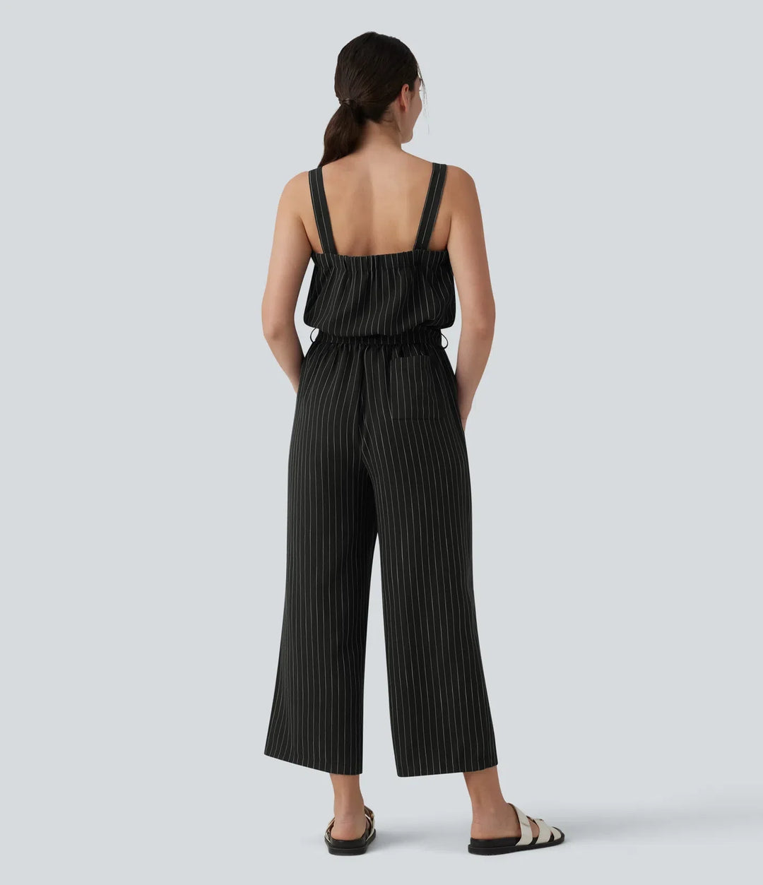 Fyrkantig halsringning justerbara axelband ärmlös bältad ränder vardaglig linnekänsla jumpsuit med fickor-Easy Peezy