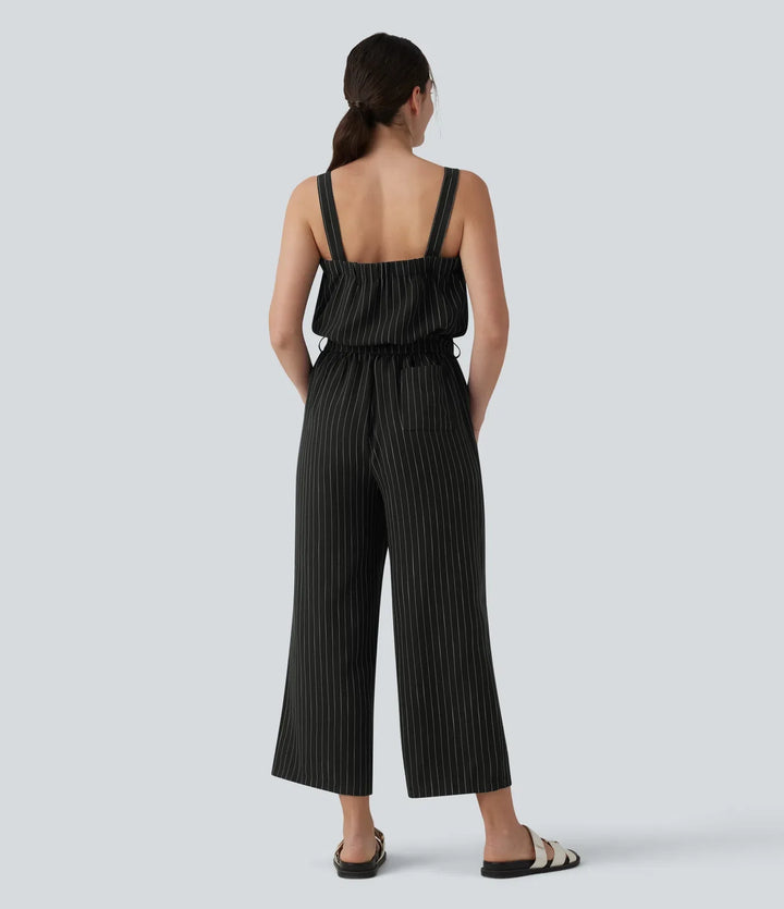 Fyrkantig halsringning justerbara axelband ärmlös bältad ränder vardaglig linnekänsla jumpsuit med fickor-Easy Peezy