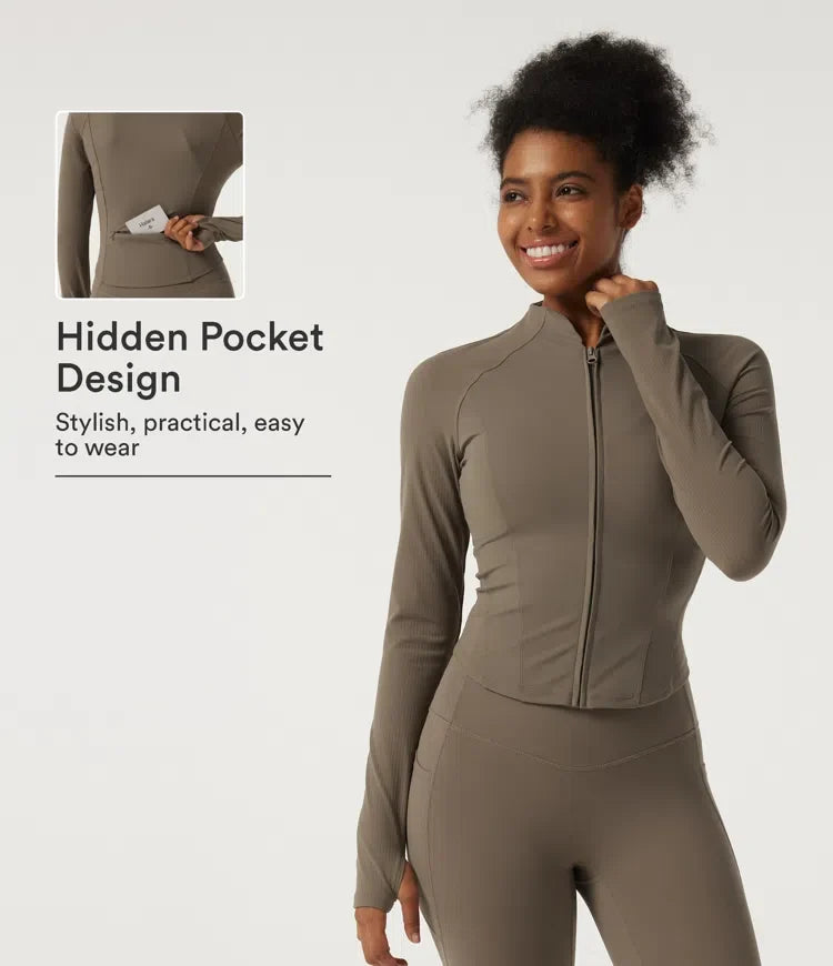 Lyckera UltraSculpt halvpolo långärmad yoga kurvig jacka med tumhål och fickor