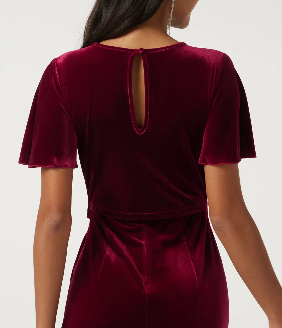 Rund hals volang kortärmad nyckelhålsrygg knytning fram sammet fest jumpsuit med fickor -Easy Peezy Edition