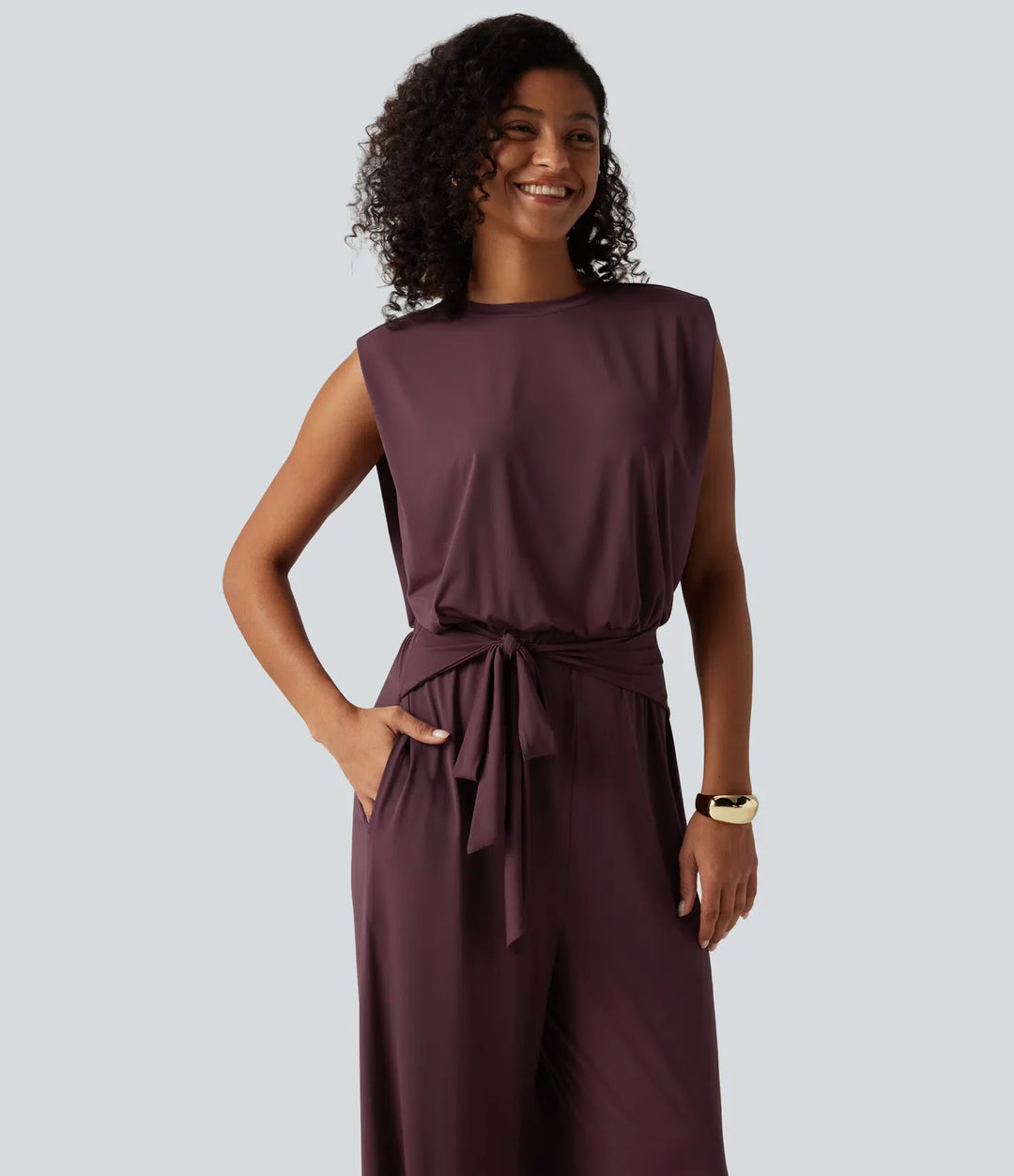 Rund hals ärmlös knytning fram InstantCool vardaglig jumpsuit med fickor-Easy Peezy Edition-UPF50+