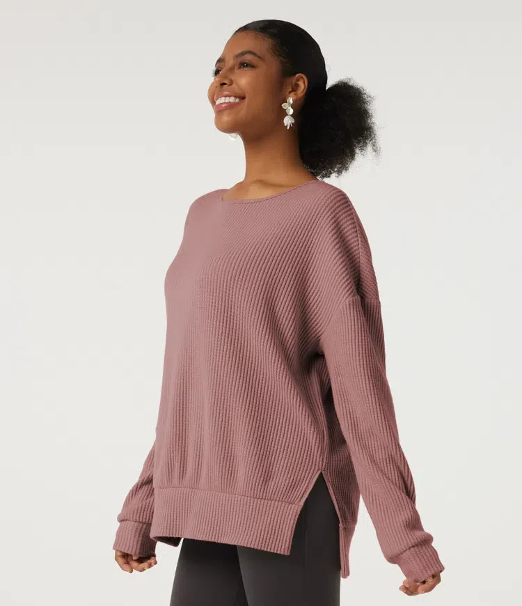 Rund hals långärmad slits fåll vardaglig sweatshirt