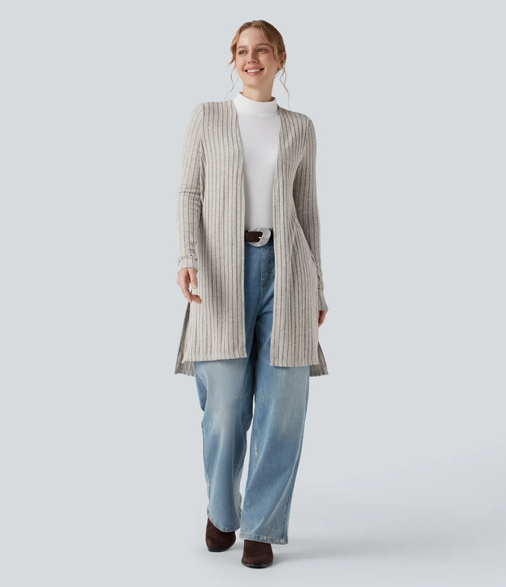 Ribbstickad långärmad slits vardaglig cardigan