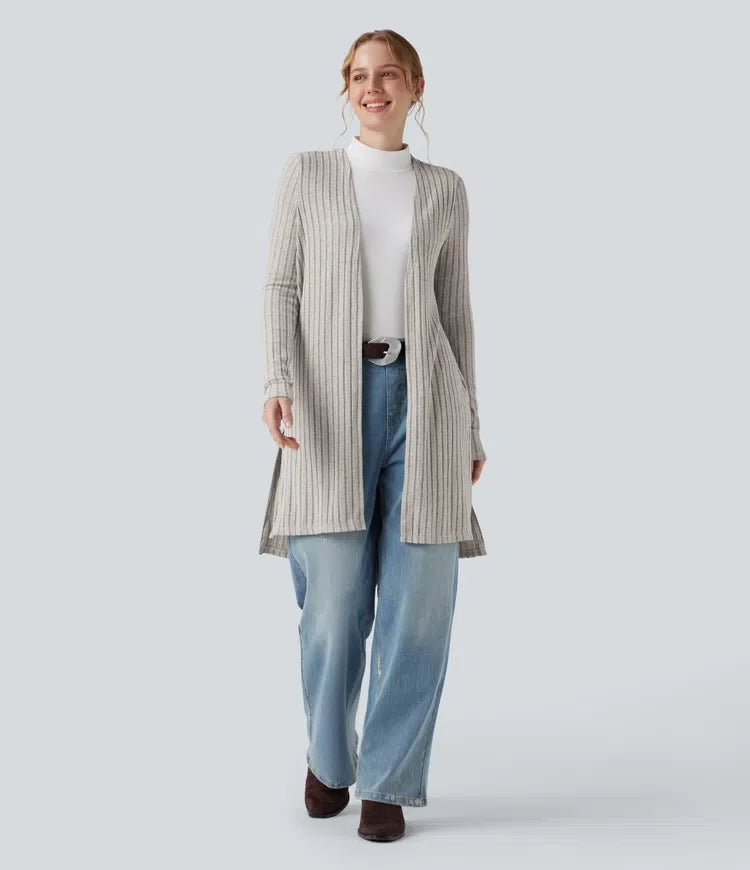 Ribbstickad långärmad slits vardaglig cardigan