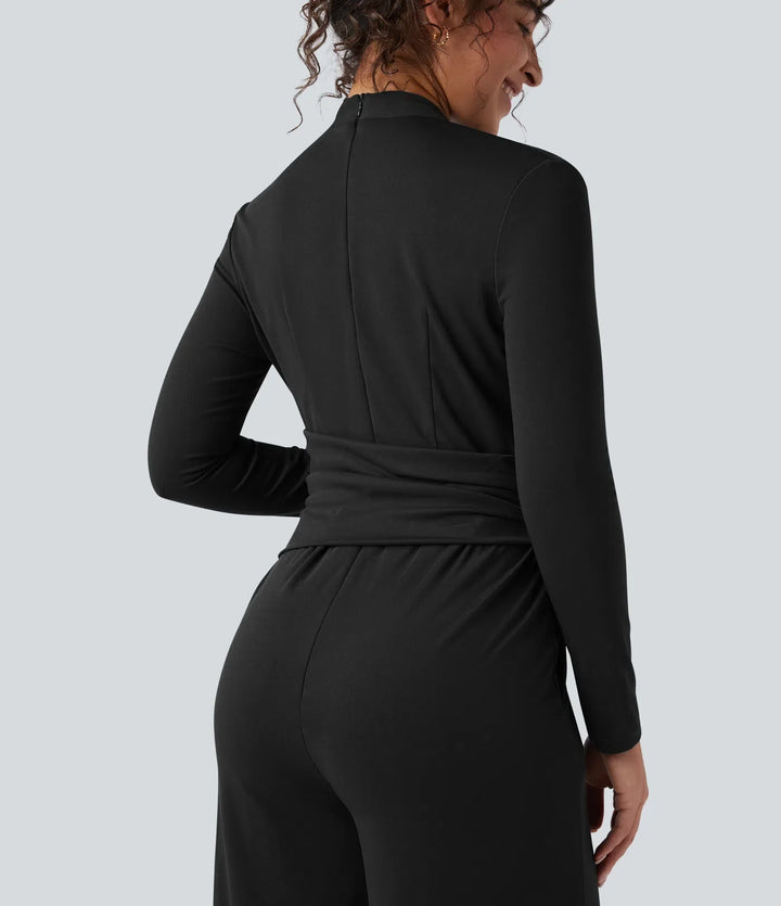 V-ringad dragkedja långärmad arbetsjumpsuit med fickor-Easy Peezy