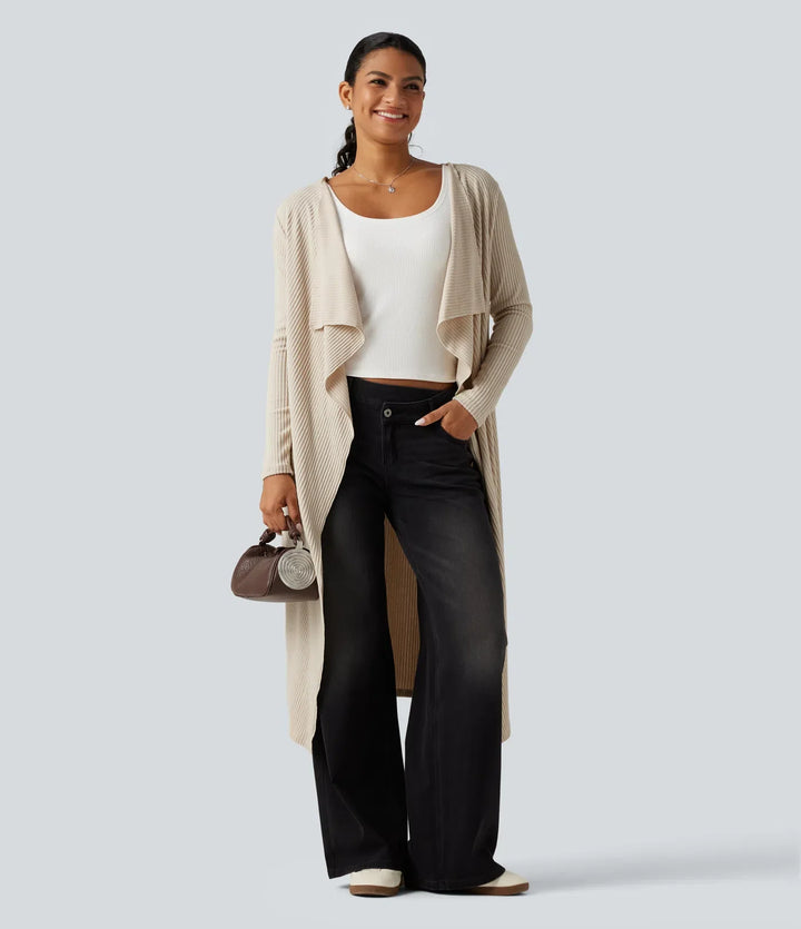 Ribbstickad öppen front långärmad vardaglig lång modell Waterfall cardigan med fickor