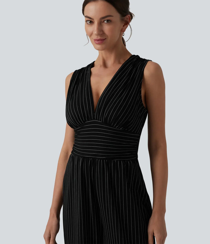 V-ringning ärmlös rynklad ränder för arbete jumpsuit med fickor – Easy Peezy