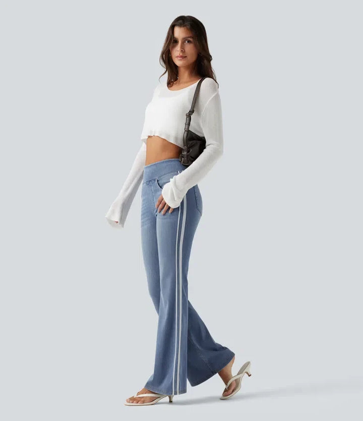 Halara Flex med hög midja rand utsvängd tvättad vardagsjeans med fickor