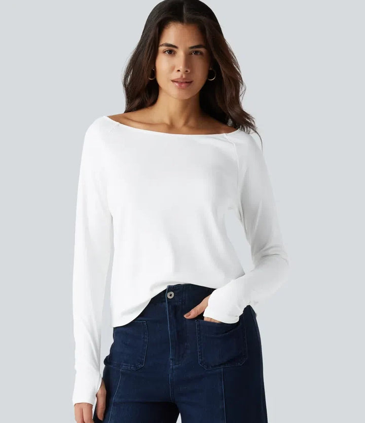 Båtringad långärmad tumhål vardaglig pimabomull T-shirt