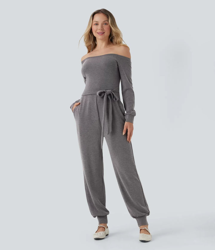 Bara axlar långärmad knyt vardaglig jumpsuit med fickor