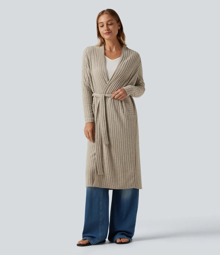 Ribbstickad lång fladdermusärm bältad vardaglig lång modell cardigan