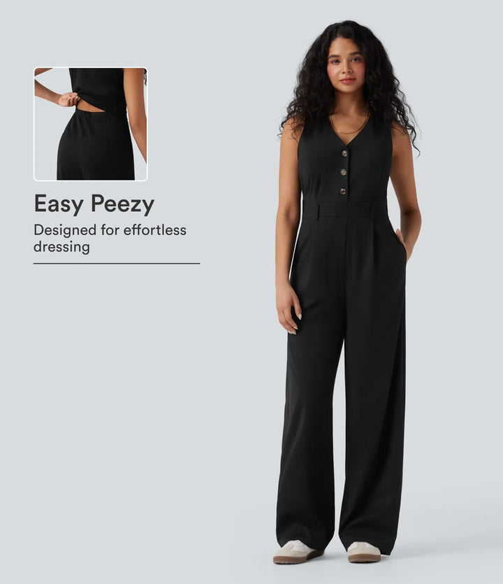 V-ringad ärmlös vardaglig väst jumpsuit med fickor-Easy Peezy