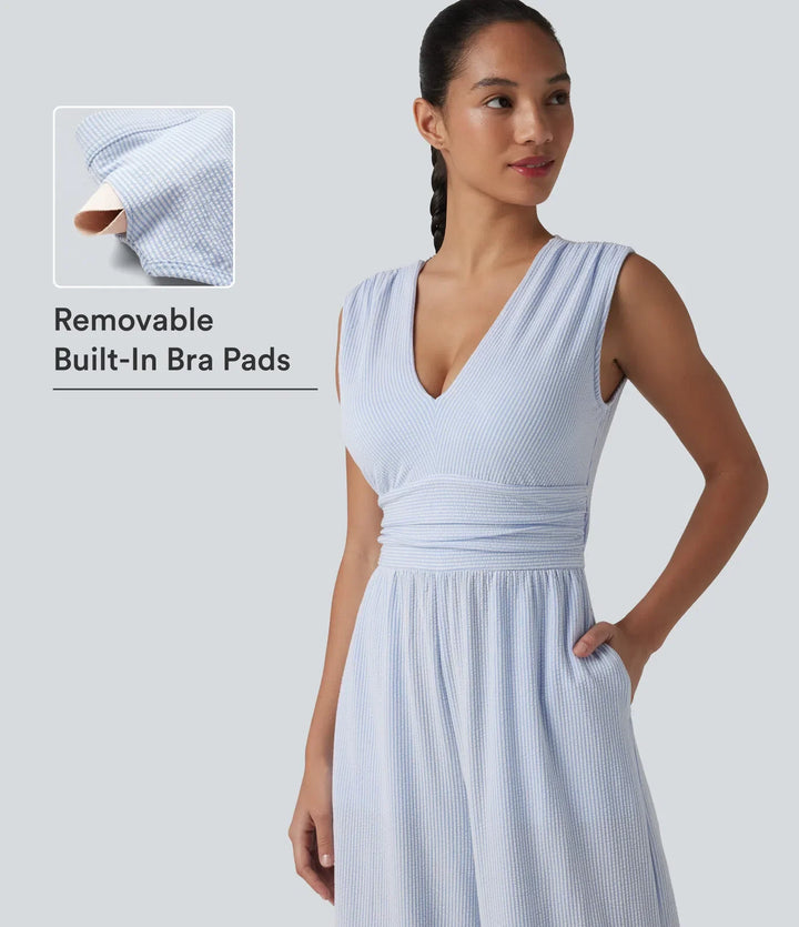 V-ringning ärmlös inbyggd bh rand jumpsuit för vardag med fickor – Easy Peezy-utgåva