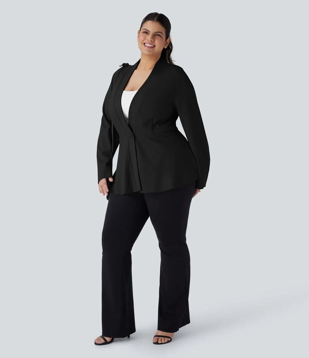 Plusstorlek V-ringad långärmad enkel front peplum-arbetsjacka