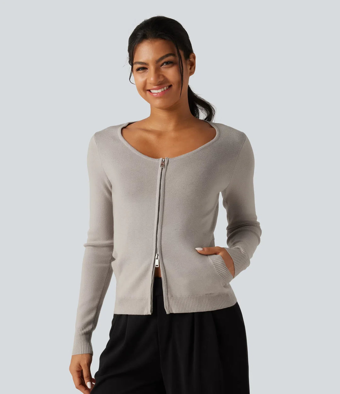 Rund hals långärmad smal lounge cardigan med fickor
