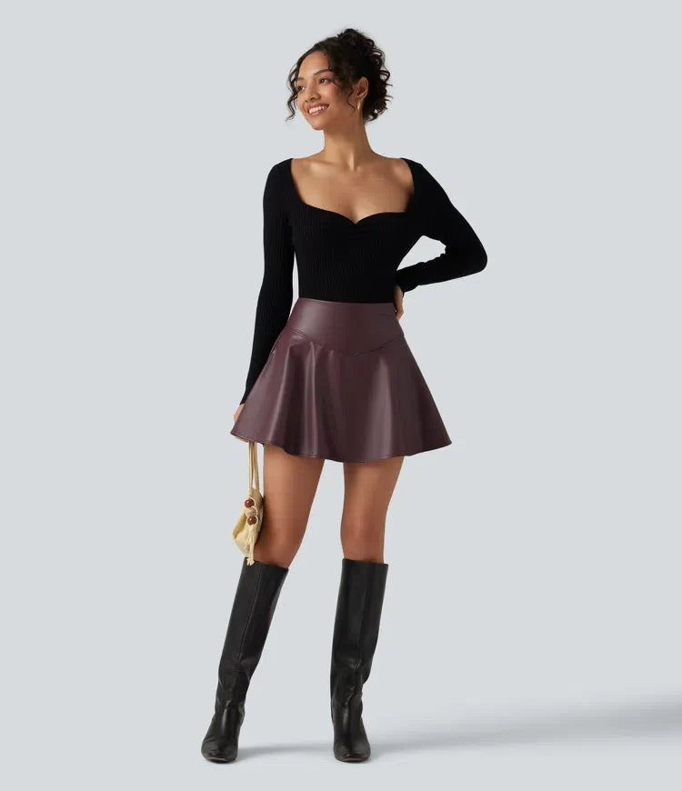 Med hög midja och magkontroll fleece för vardag PU läder mini kjol med inbyggd shorts och fickor