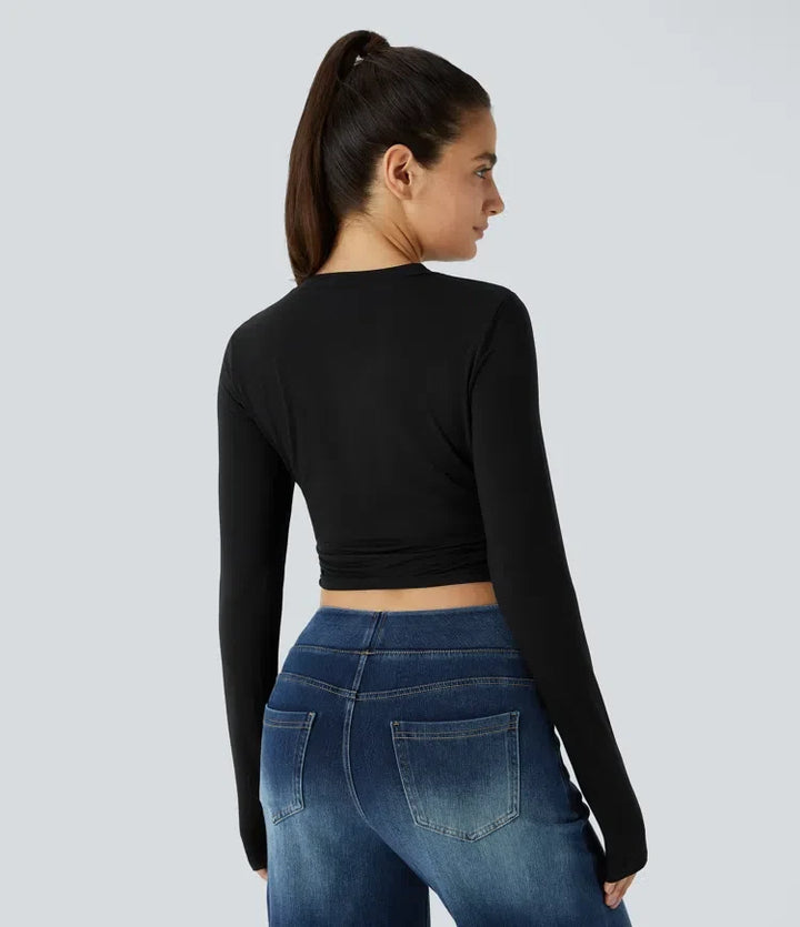Rund hals långärmad rynkat skinny croppad vardagstopp
