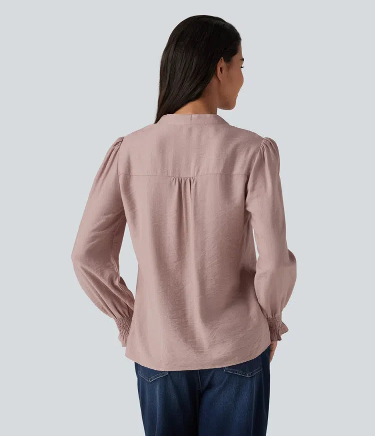 V-ringad lång puffärm vardaglig blus