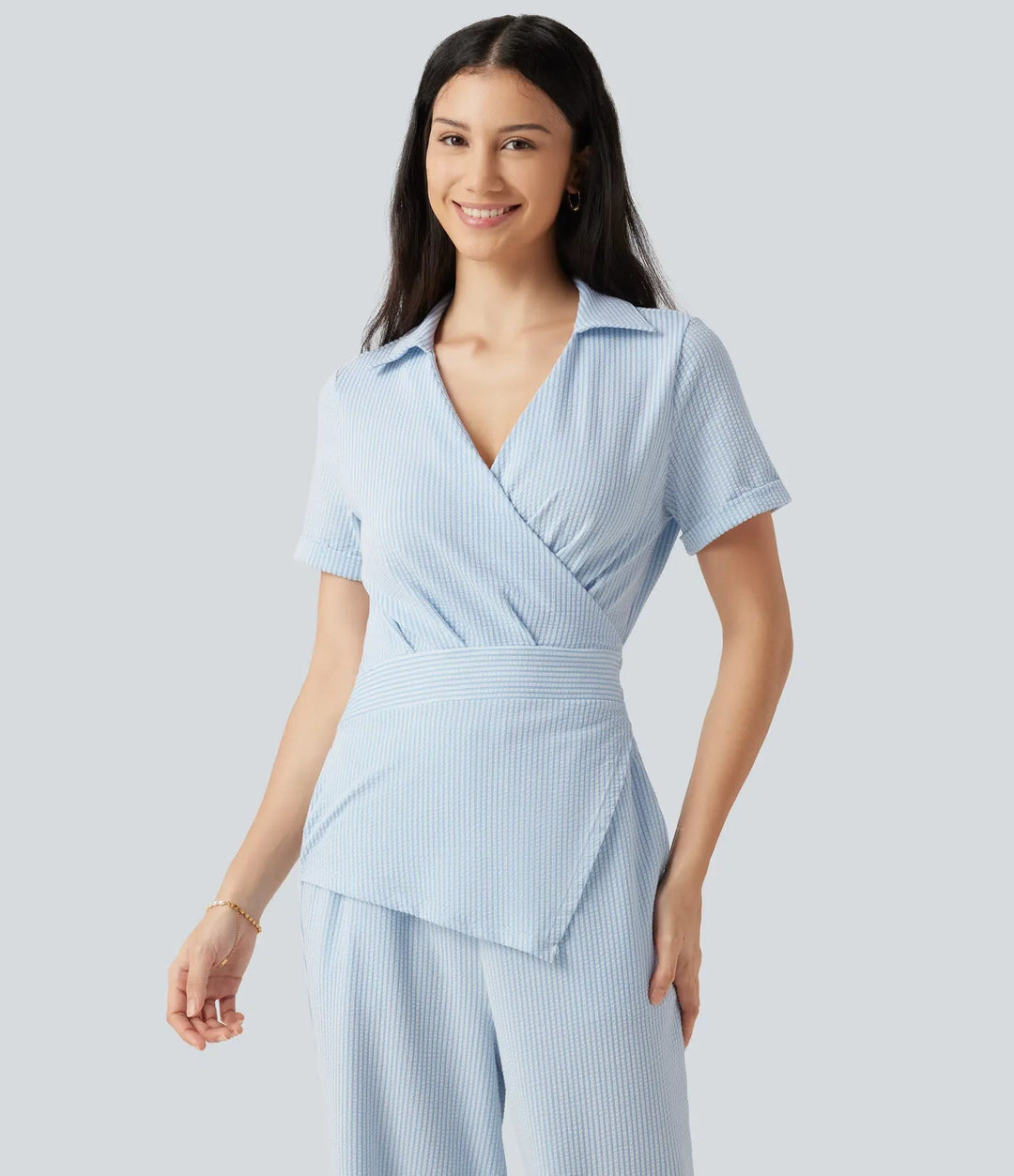Kortärmad omlott knytning i ryggen randig skrynklad bomull vardaglig skjorta jumpsuit med fickor-Easy Peezy Edition