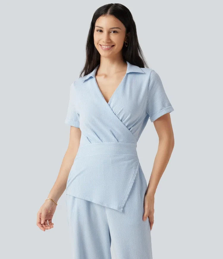 Kortärmad omlott knytning i ryggen randig skrynklad bomull vardaglig skjorta jumpsuit med fickor-Easy Peezy Edition