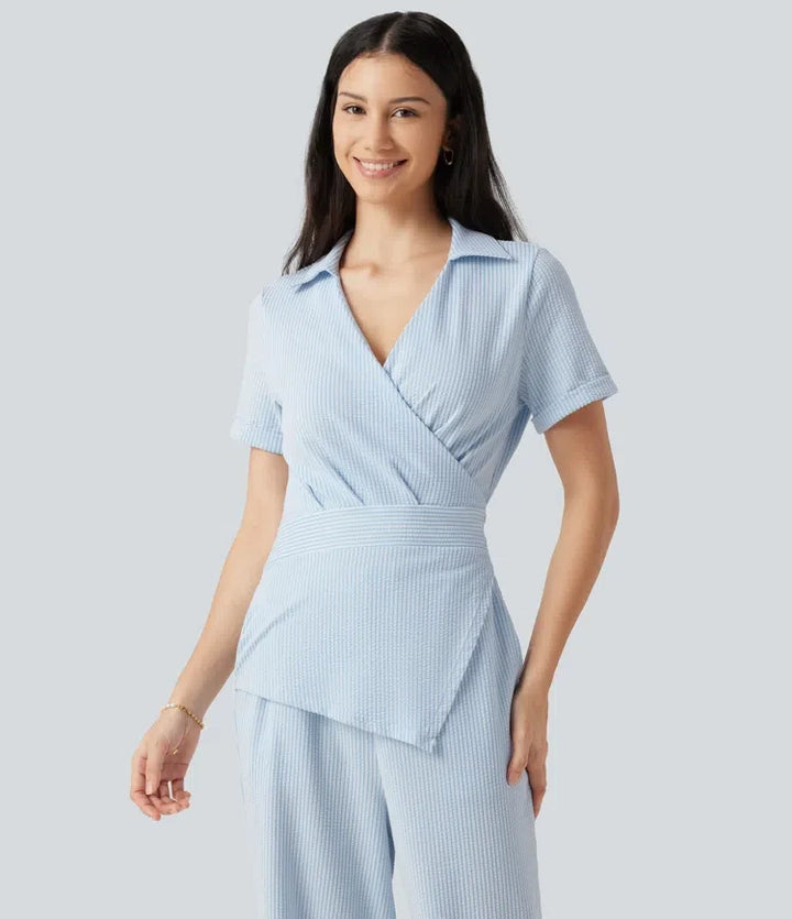 Kortärmad omlott knytning i ryggen randig skrynklad bomull vardaglig skjorta jumpsuit med fickor-Easy Peezy Edition