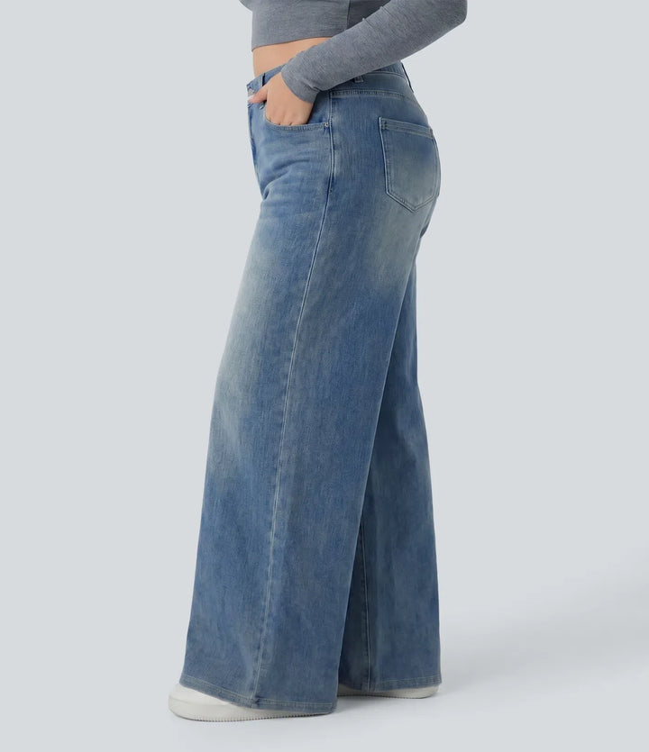 Lyckera Flex högmidjad fickor baggy vida ben tvättad vardaglig plusstorlek jeans