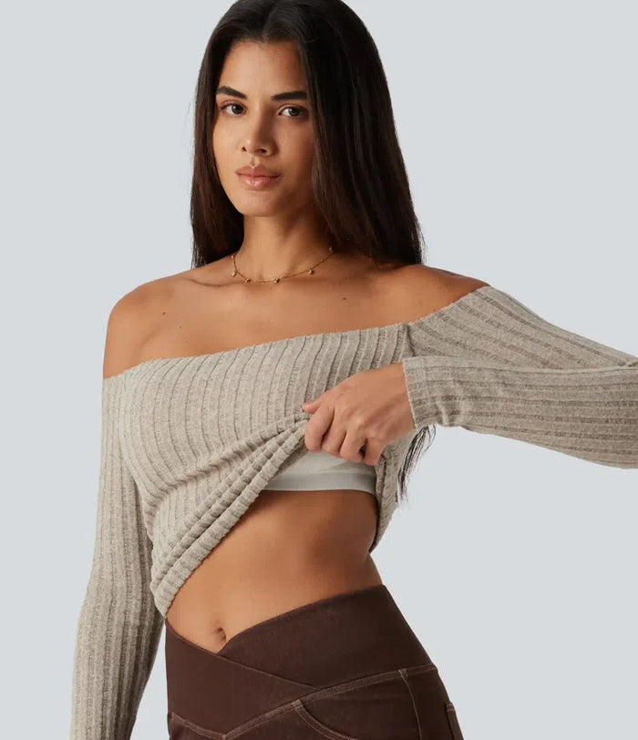 Ribbstickad bara axlar långärmad inbyggd bh vardagstopp