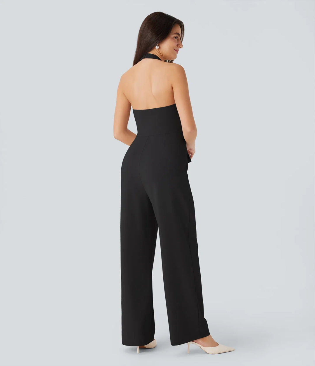 Halterneck justerbar G-krok lock fickor jumpsuit