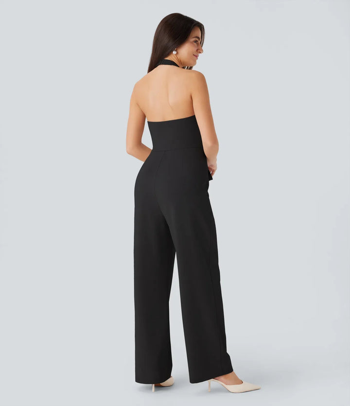 Halterneck justerbar G-krok lock fickor jumpsuit