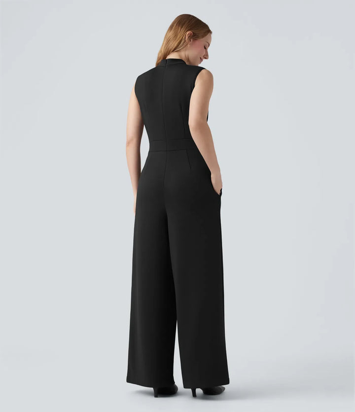 Halvpolo dragkedja ärmlös arbete vida ben jumpsuit med fickor