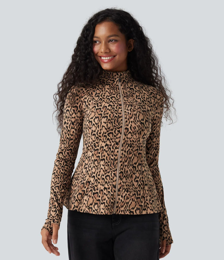 Lyckera UltraSculpt leopardmönster ståkrage långärmad tumhål vardaglig jacka med fickor