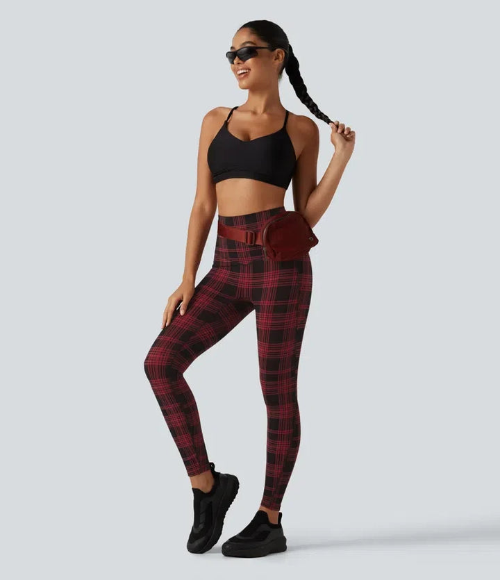 Lyckera UltraSculpt rutig mönster högmidjad magkontroll löpning leggings med fickor