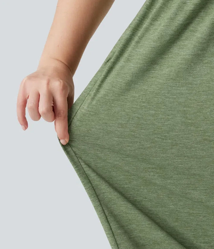Plusstorlek inbyggd bh rynklad vida ben melerad jumpsuit för vardag med fickor – Easy Peezy-utgåva