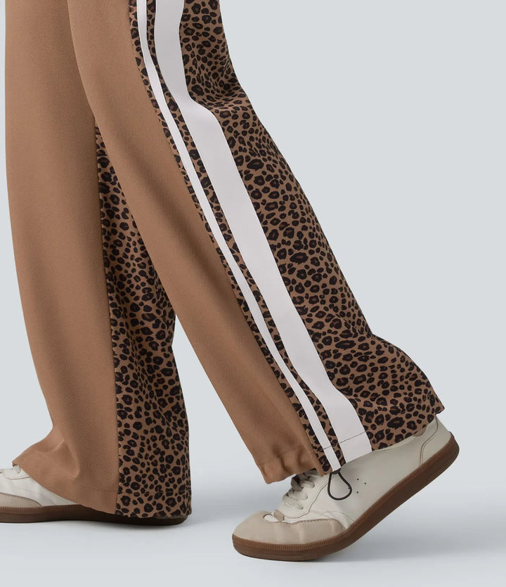 Med medelhög midja dragsko färgblock ränder kontrast leopard för vardag baggy byxor med fickor
