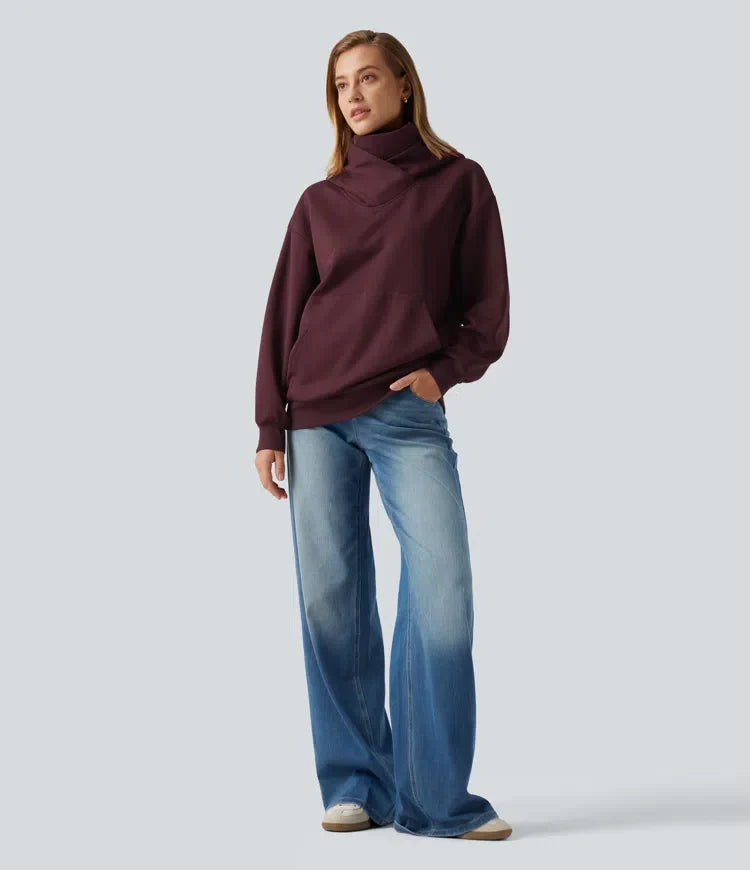 Med huva crossover nedhasad långärmad fleece vardaglig sweatshirt med ficka