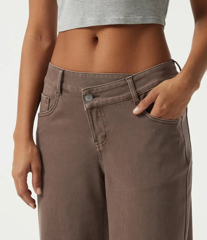 Lyckera Flex låg midja asymmetrisk vida ben färgstark vardagsjeans med fickor