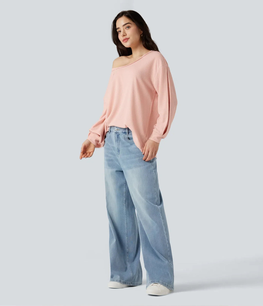Djup rund halsringning långärmad våffelstruktur vardaglig sweatshirt