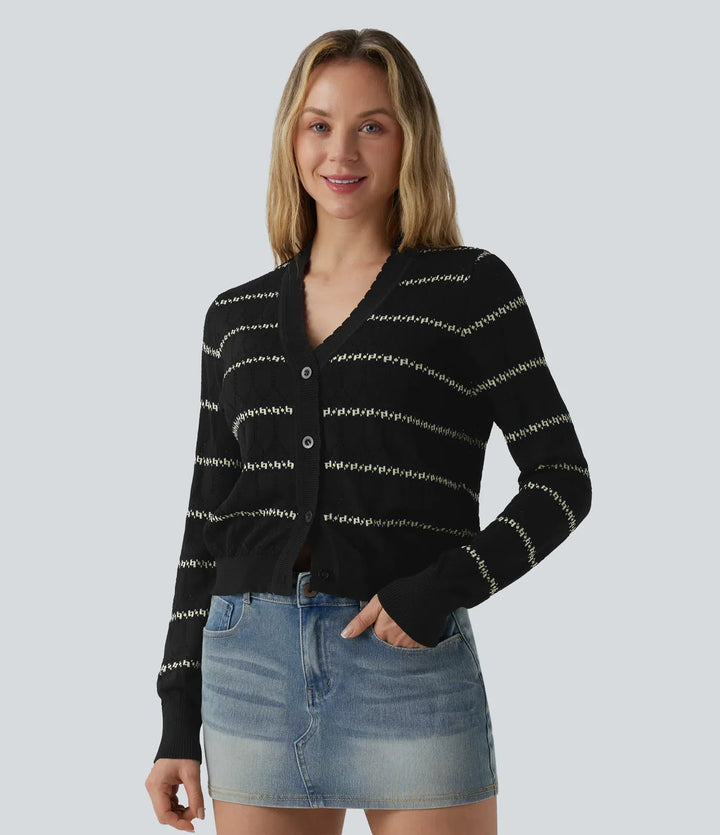 V-ringad långärmad färgblock tröja stickad cardigan
