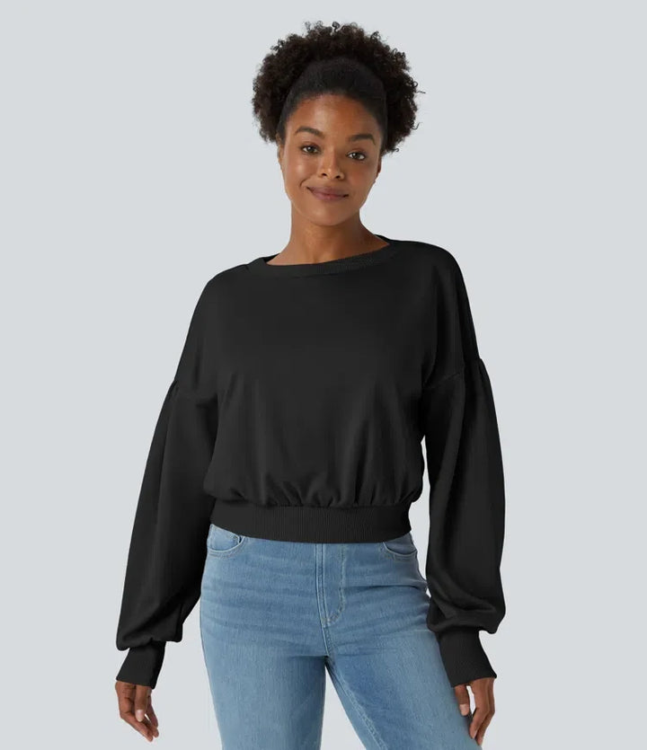 Rund hals nedhasad axel bishop ärm avslappnad vardaglig sweatshirt