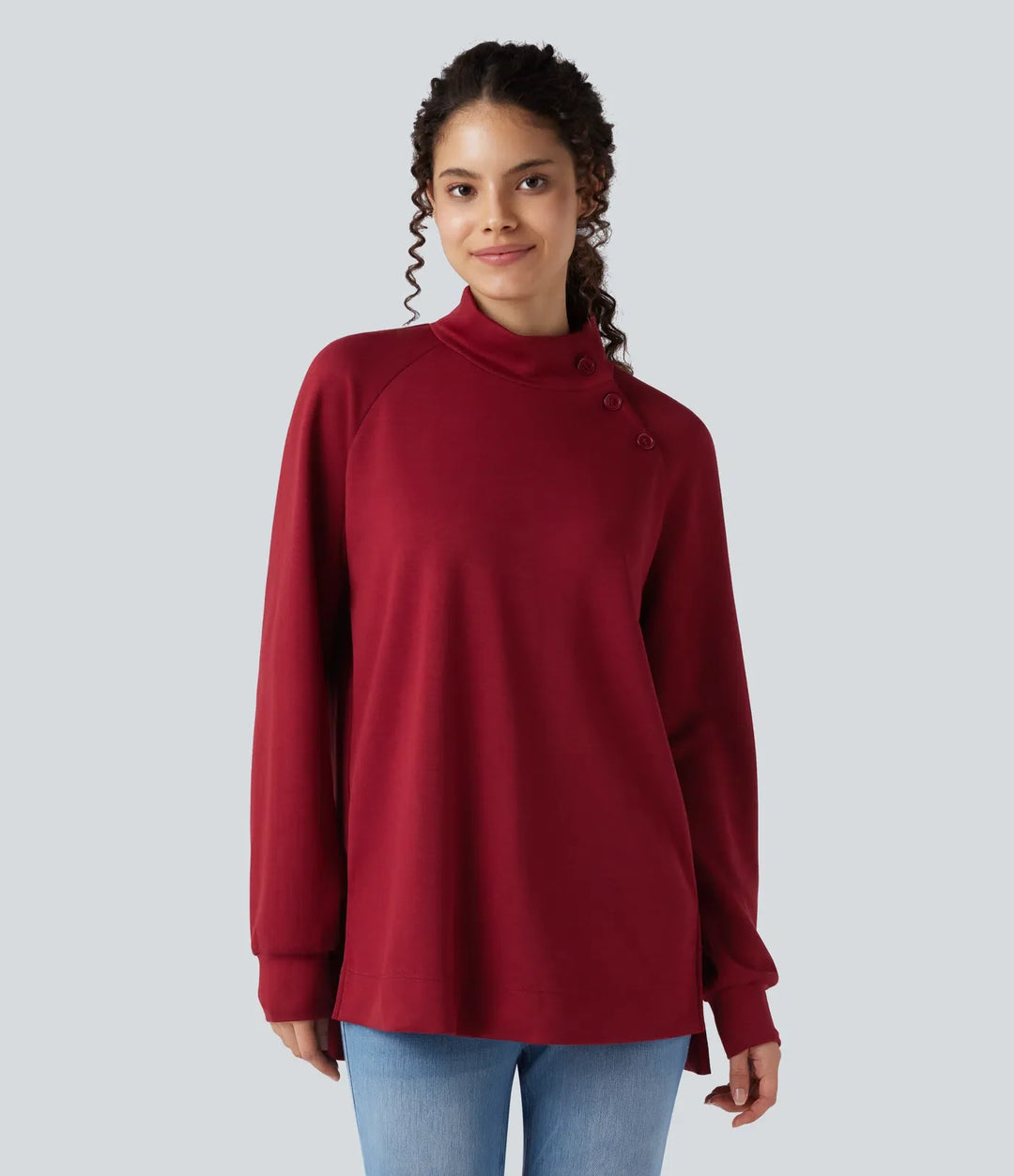 Halvpolo långärmad slits hög-låg avslappnad vardaglig sweatshirt