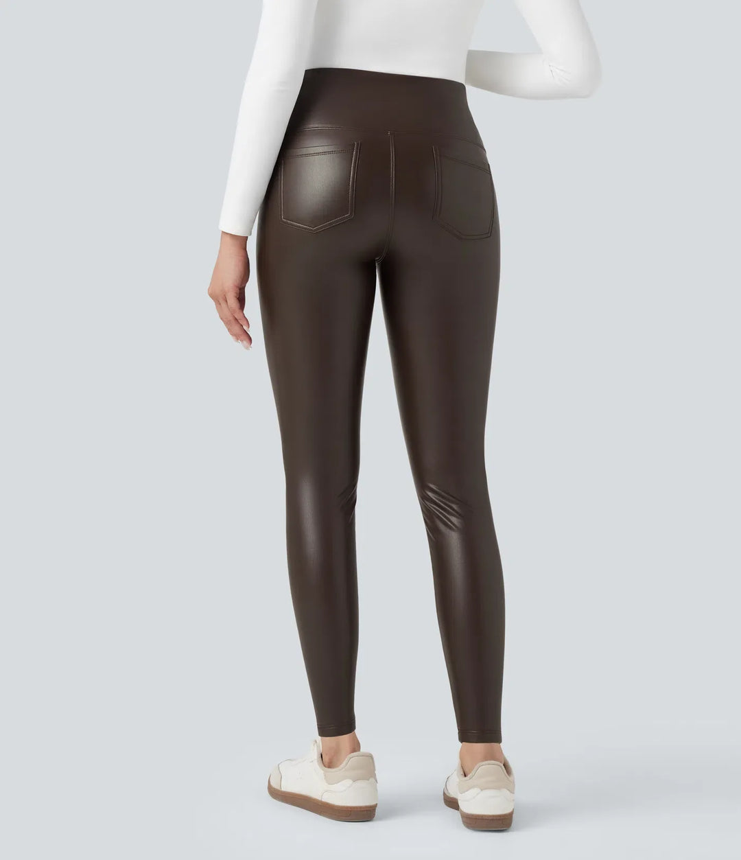 Högmidjad magkontroll stretchig PU fleece 7/8 skinny vardagsleggings med fickor