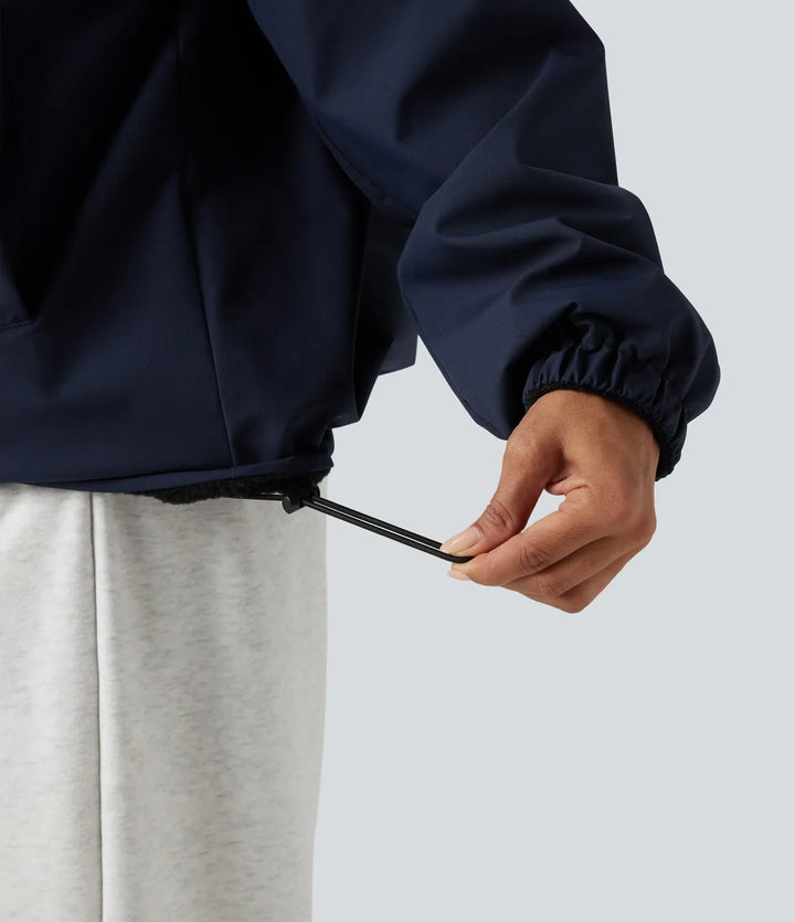 Vändbar hög hals långärmad dragkedja fleece vandringsjacka med fickor (två looks i en)