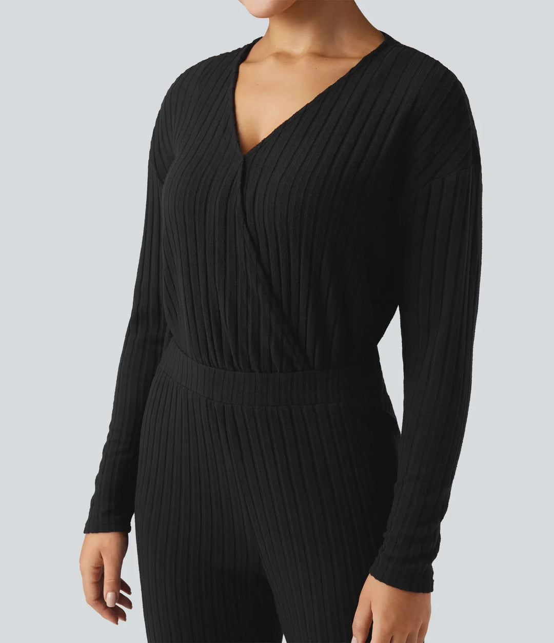 Ribbstickad V-ringad långärmad vardaglig jumpsuit-Easy Peezy