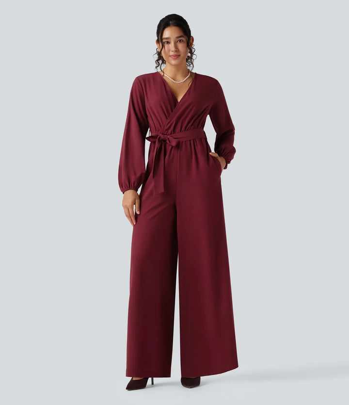 V-ringad lång puffärm bältad vida ben fest jumpsuit med fickor