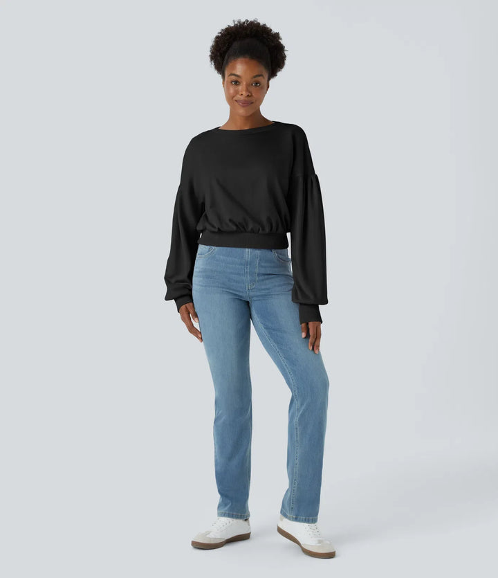 Rund hals nedhasad axel bishop ärm avslappnad vardaglig sweatshirt