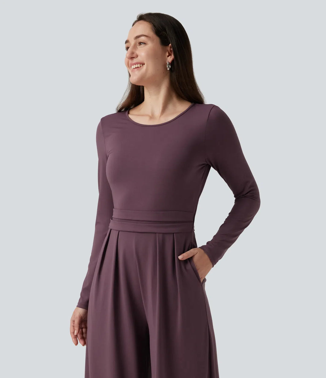 Rund hals långärmad vida ben vardaglig jumpsuit med fickor-Easy Peezy Edition
