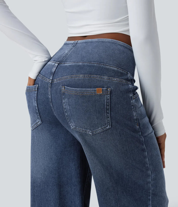 Halara Flex med medelhög midja draperad lyocell tvättad för vardag baggy vida ben jeans med fickor