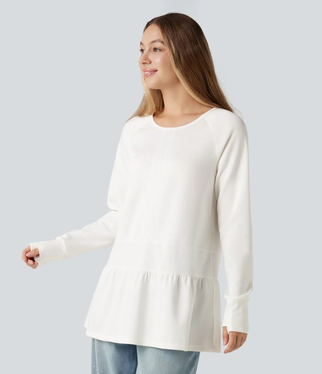 Rund hals långärmad tumhål volangfåll vardaglig sweatshirt